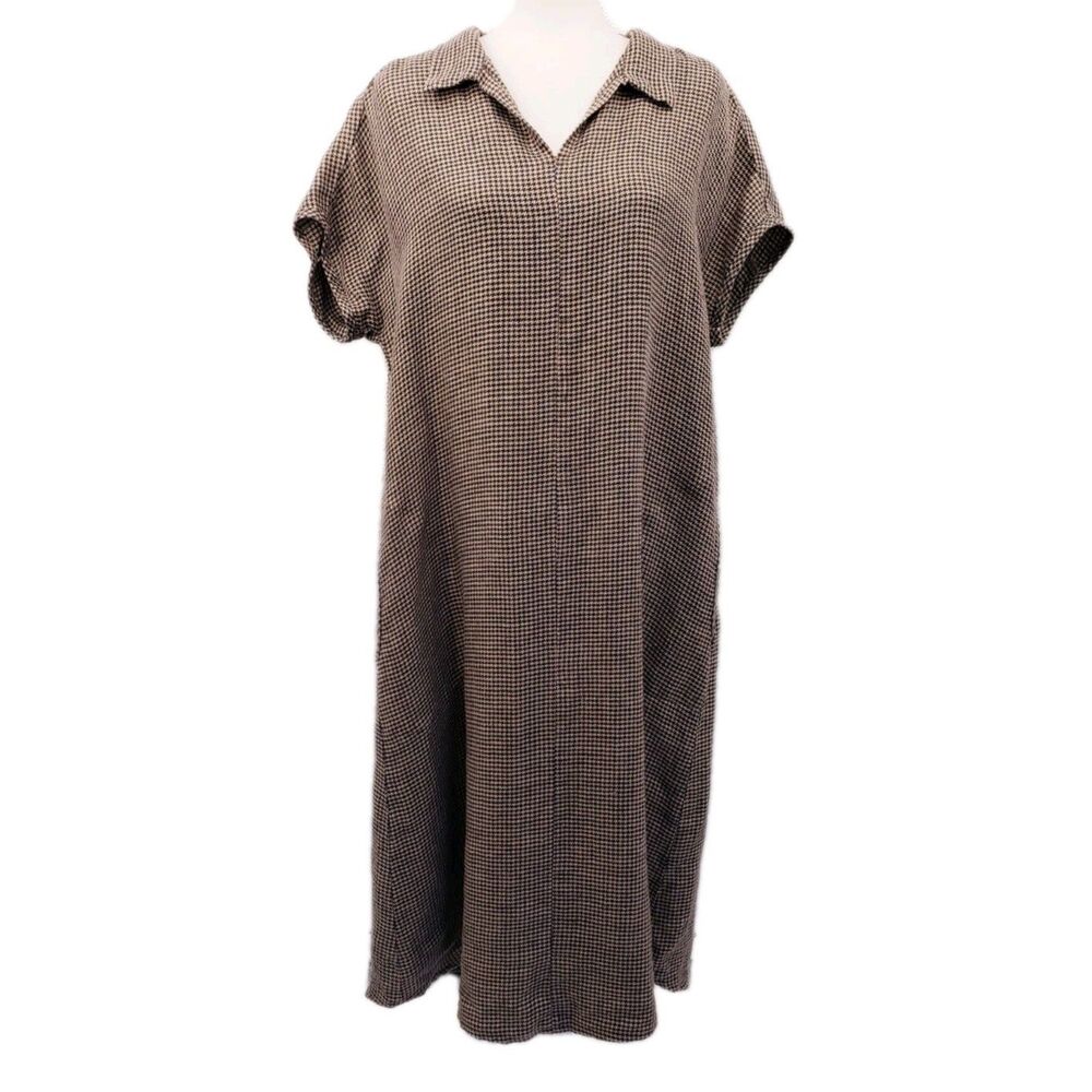 CTC Linens Midi Shirt Dress Size L Brown Houndstooth USA Made Lagenlook Modest